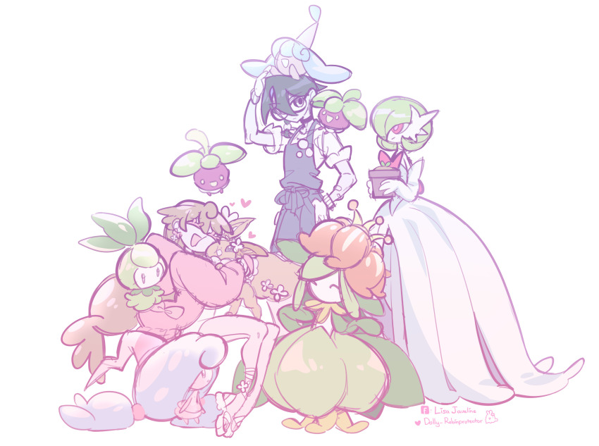 1boy 1girl artist_name black_hair bob_cut bounsweet brown_fur brown_hair dollyadayo dress eevee game_freak gardevoir gen_1_pokemon gen_3_pokemon gen_5_pokemon gen_7_pokemon gen_8_pokemon glasses green_hair hatenna hattrem highres lilligant mega_gardevoir mega_pokemon nintendo on_head on_shoulder petilil pink_eyes pokemon pokemon_(creature) pokemon_on_head pokemon_on_shoulder simple_background smile white_background white_dress yellow_eyes