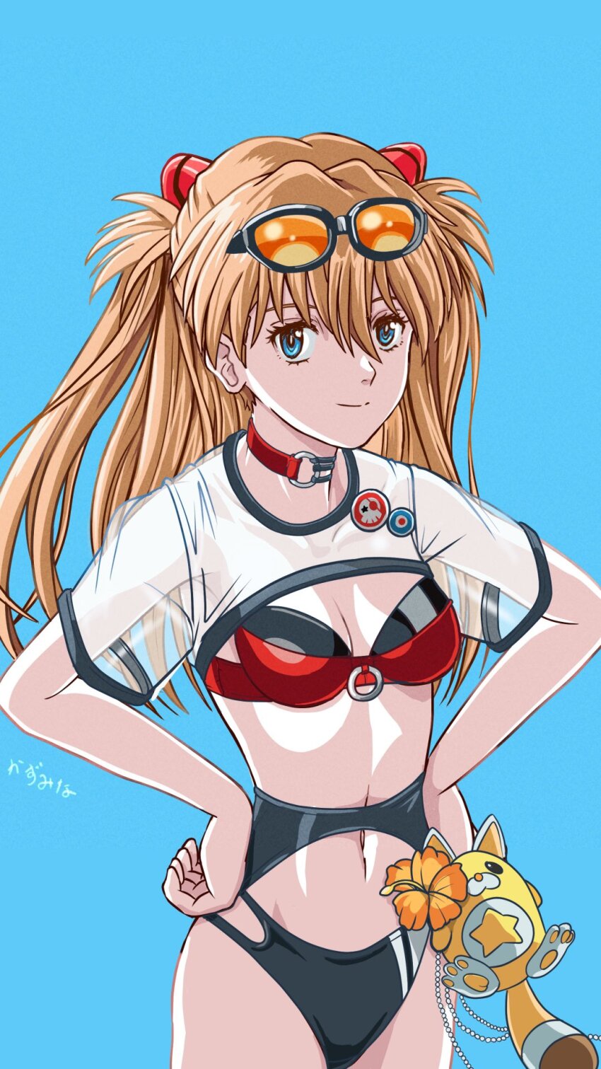 1girl alternate_costume bare_legs bikini black_bikini blue_background blue_eyes breasts brown_hair character_doll hands_on_own_hips highleg highleg_bikini highres kazumina looking_at_viewer navel neon_genesis_evangelion official_alternate_costume see-through_clothes see-through_shirt shironeko_project shirt smile solo souryuu_asuka_langley sunglasses_on_head swimsuit wide_hips