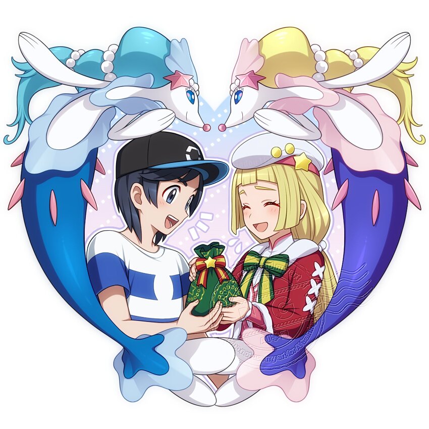 1boy 1girl alternate_color black_eyes black_hair black_hat blonde_hair closed_eyes elio_(pokemon) gen_7_pokemon gift hat heart highres hiyori_(rindou66) holding holding_gift lillie_(holiday_2024)_(pokemon) lillie_(pokemon) long_hair long_sleeves nintendo official_alternate_costume open_mouth pokemon pokemon_(creature) pokemon_masters_ex pokemon_sm primarina shiny_pokemon shirt short_hair short_sleeves teeth upper_body white_hat