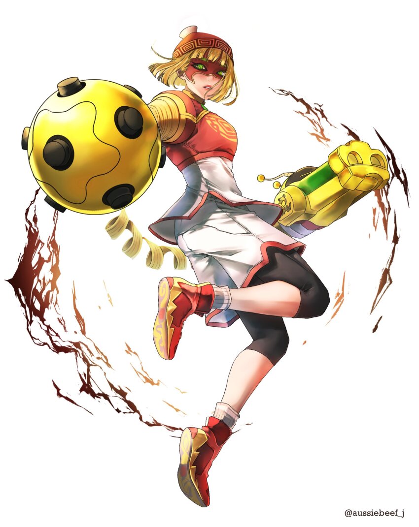 1girl arms_(game) beanie blonde_hair bob_cut domino_mask dragon_(arms) green_eyes hat highres jibika_(jbk_sb) mask megawatt_(arms) min_min_(arms) official_alternate_costume short_hair