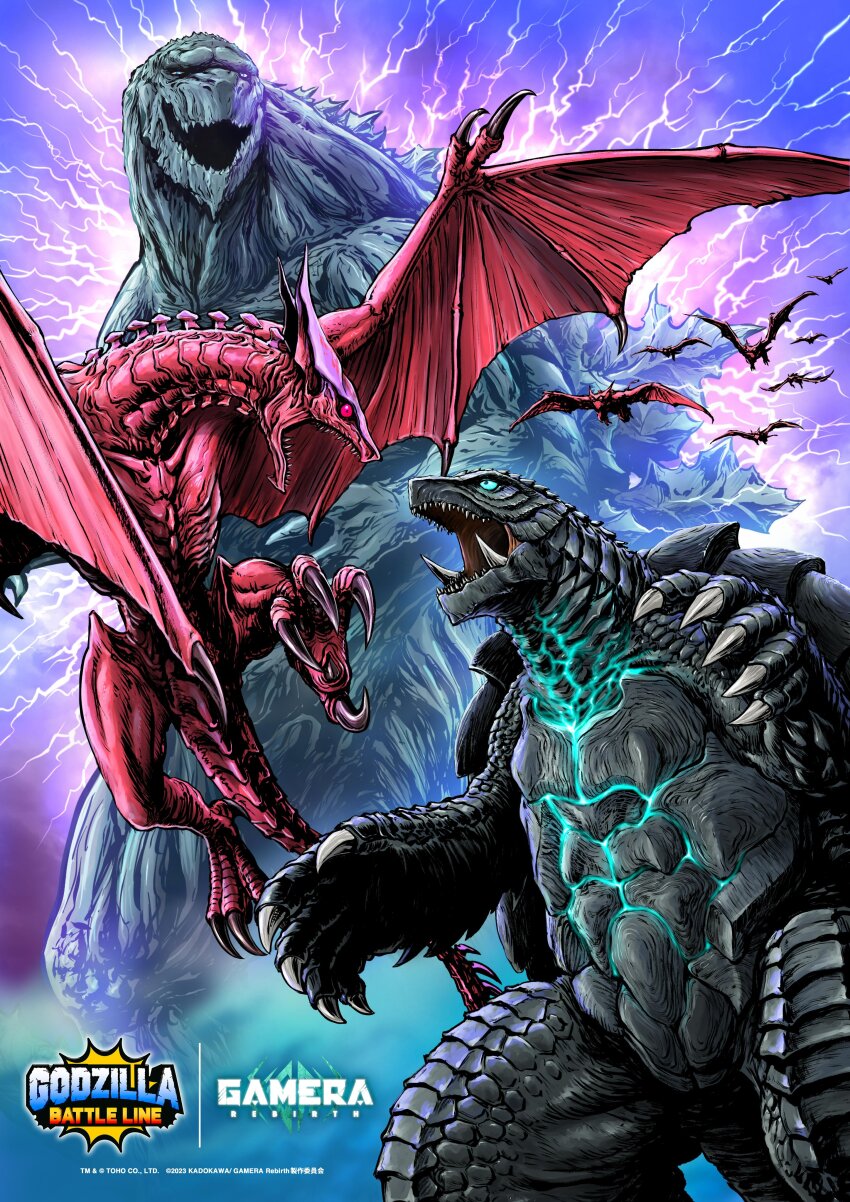 abs absurdres blue_eyes body_markings claws copyright_name cross_promotion crossover electricity emaciated energy engi_(animation_studio) english_text flying gamera gamera_(series) gamera_-rebirth- giant giant_monster glowing glowing_eyes glowing_markings glowing_spikes glowing_veins godzilla godzilla:_planet_of_the_monsters godzilla_(series) godzilla_battle_line godzilla_earth green_eyes bad_tag gyaos highres japanese_text kadokawa kaiju monster muscular neon_trim nishikawa_shinji no_humans no_pupils now_production official_art open_mouth pink_electricity polygon_pictures promotional_art red_eyes ribs sea_monster sharp_teeth size_difference spikes spine tail talons teeth toho toho_games turtle turtle_shell tusks veins wings
