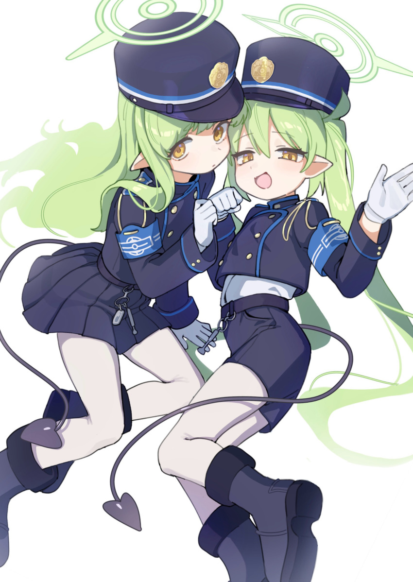 2girls absurdres armband blue_archive blue_armband blue_boots blue_hat blue_jacket blue_shorts blue_skirt blue_tail boots buttons commentary_request cropped_jacket demon_tail double-breasted gloves green_hair green_halo halo hat highres hikari_(blue_archive) hufy jacket long_hair long_sidelocks long_sleeves looking_at_viewer lying multiple_girls nozomi_(blue_archive) on_side open_mouth pantyhose pantyhose_under_shorts pleated_skirt pointy_ears shako_cap shirt shirt_tucked_in shorts siblings sidelocks sisters skirt smile tail twins twintails very_long_hair white_gloves white_pantyhose white_shirt yellow_eyes