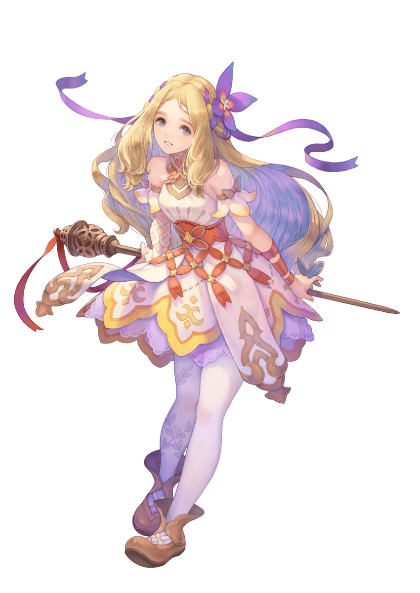 1girl bare_shoulders blonde_hair blue_eyes boots breasts dress flower full_body haccan hair_flower hair_ornament hair_ribbon highres hinna_(visions_of_mana) holding holding_staff long_hair official_art pantyhose ribbon second-party_source seiken_densetsu small_breasts smile solo staff transparent_background visions_of_mana white_pantyhose
