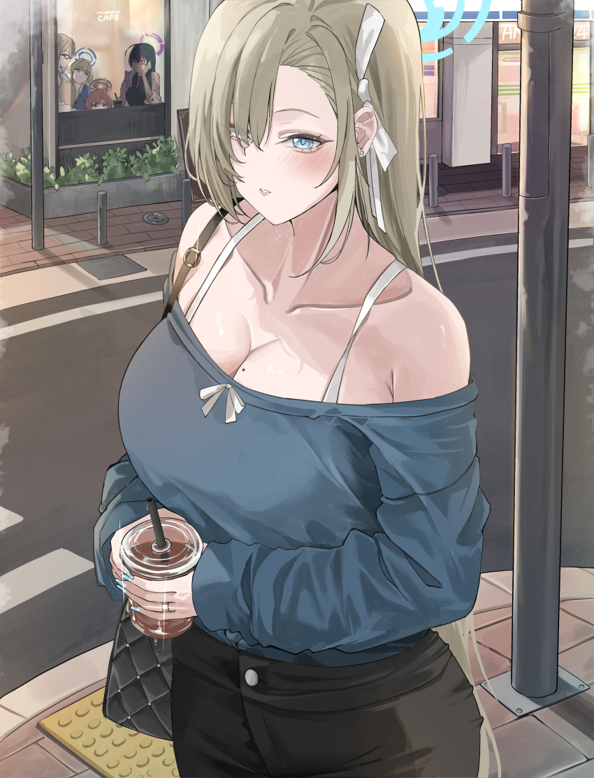 5girls absurdres ahoge akane_(blue_archive) asuna_(blue_archive) bag bare_shoulders black_hair black_halo black_shirt black_skirt blonde_hair blue_archive blue_eyes blue_halo blue_shirt blush breasts brown_hair brown_shirt cleaning_&amp;_clearing_(blue_archive) cleavage collarbone crosswalk cup glasses hair_over_one_eye hair_ribbon halo handbag highres holding holding_cup holding_phone huge_ahoge karin_(blue_archive) large_breasts long_hair looking_at_viewer miz_blank mole mole_on_breast multiple_girls neru_(blue_archive) off-shoulder_shirt off_shoulder parted_lips peeking_out phone purple_halo red_eyes red_hair ribbon shirt short_hair skirt toki_(blue_archive) very_long_hair yellow_halo