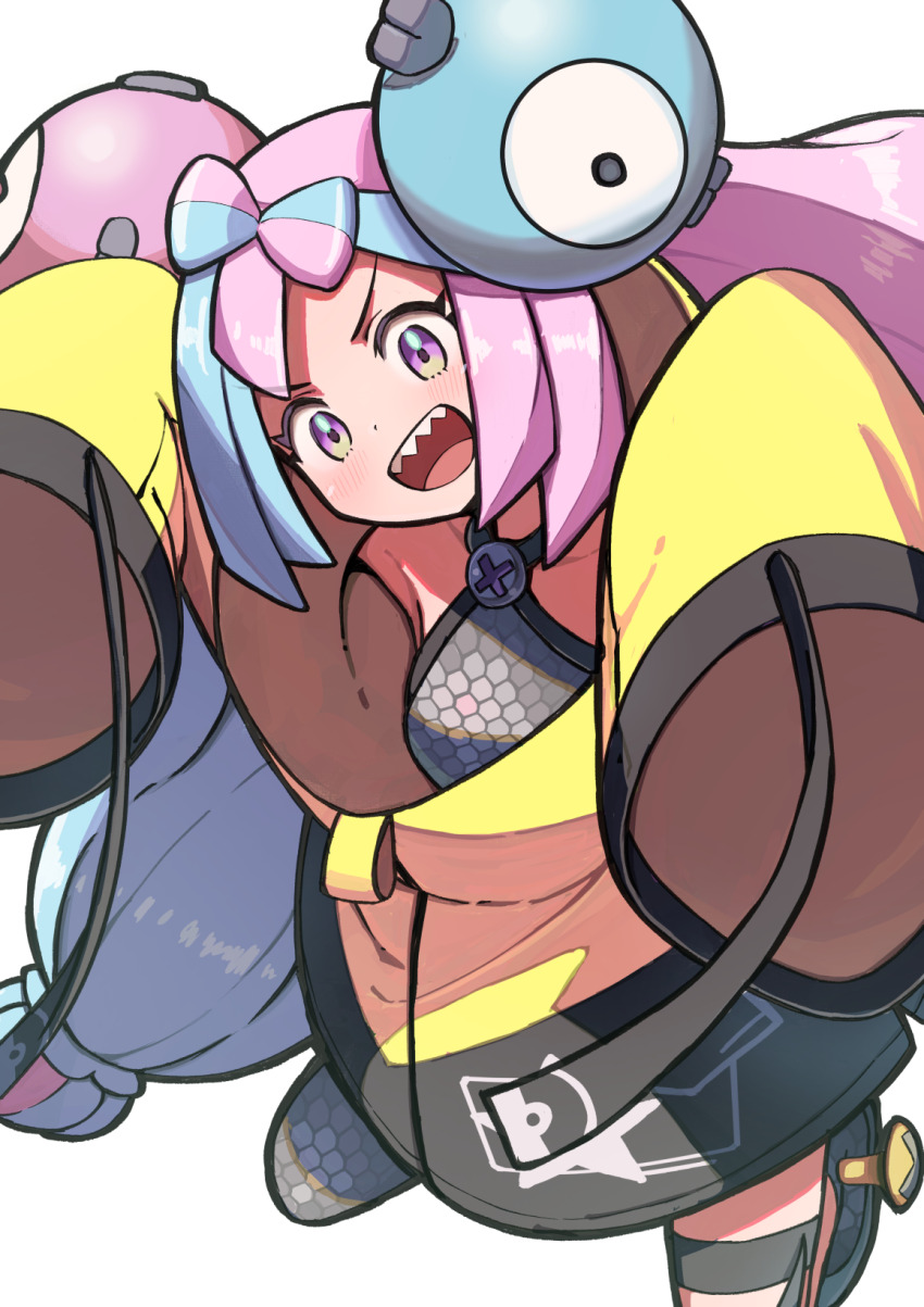 1girl :d blue_hair bow-shaped_hair character_hair_ornament commentary_request grey_shirt hair_ornament highres iono_(pokemon) jacket multicolored_hair nintendo open_mouth pink_hair pokemon pokemon_sv purple_eyes sharp_teeth shirt single_leg_pantyhose sleeveless sleeveless_shirt sleeves_past_fingers sleeves_past_wrists smile solo star_(symbol) star_print teeth thigh_strap tongue toraneko two-tone_hair upper_teeth_only yellow_jacket
