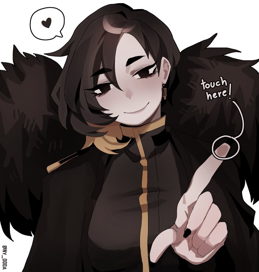 1girl absurdres binah_(project_moon) black_cape black_dress black_eyes black_hair black_nails blonde_hair cape closed_mouth colored_inner_hair dress earrings fourth_wall highres index_finger_raised jewelry lobotomy_corporation looking_at_viewer multicolored_hair ny_000a project_moon simple_background smile solo white_background