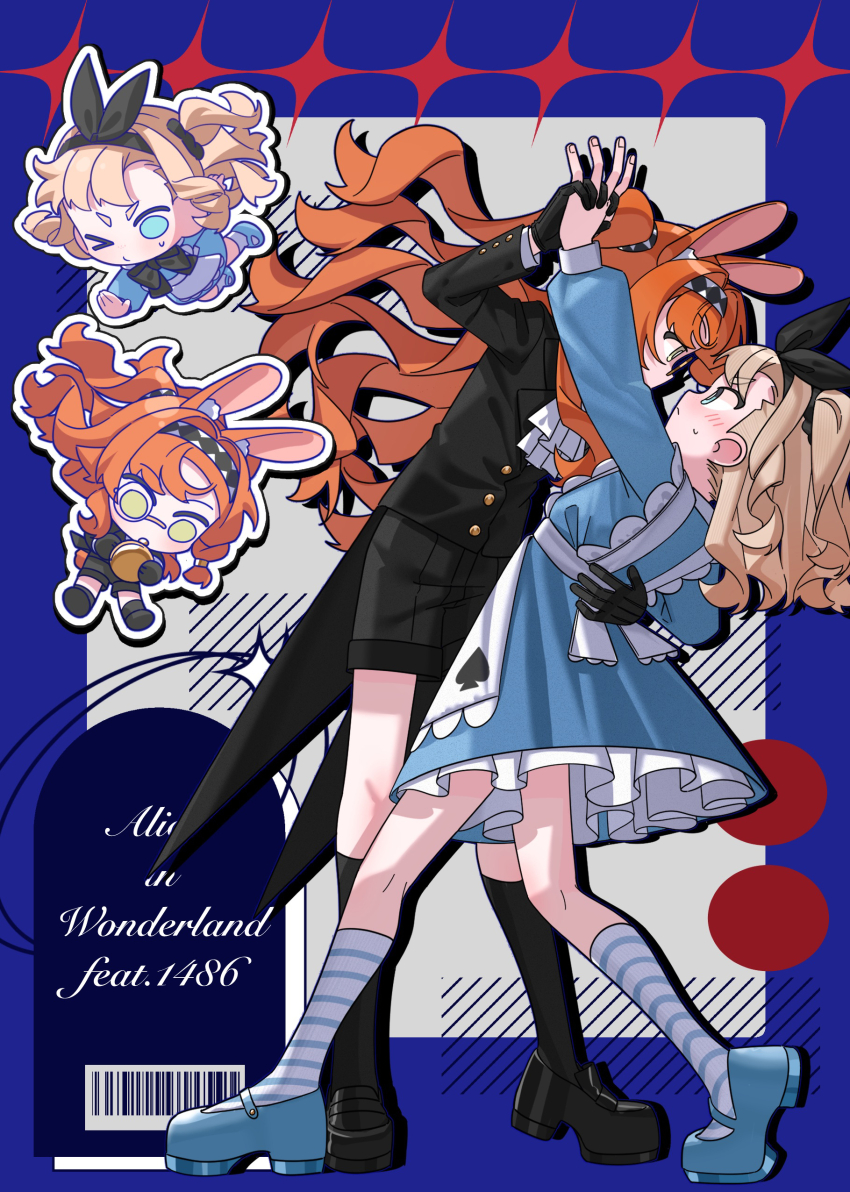 2girls absurdres alice&#039;s_adventures_in_wonderland alice_(alice_in_wonderland) alice_(alice_in_wonderland)_(cosplay) alternate_costume animal_ears apron ascot black_coat black_gloves black_hairband black_shoes black_shorts black_socks blue_border blue_dress blue_eyes blue_shoes blush border bow_hairband checkered_hairband chibi chibi_inset coat cosplay dancing dress fake_animal_ears from_side full_body gloves green_eyes grey_background grey_hair hairband hand_on_another&#039;s_waist hands_up highres holding_hands long_sleeves mary_janes matilda_bouanich medium_hair multiple_girls orange_hair outside_border rabbit_ears reverse:1999 sanjuqing&#039;an shoes short_dress shorts socks sonetto_(reverse:1999) striped_clothes striped_socks sweat tailcoat two_side_up waltz_(dance) white_apron white_ascot white_rabbit_(alice_in_wonderland) white_rabbit_(alice_in_wonderland)_(cosplay) white_socks