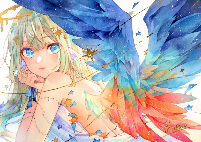1girl absurdres artist_name bare_shoulders blonde_hair blue_eyes blue_wings commentary_request ear_wings feathered_wings halo highres long_hair looking_at_viewer lying multicolored_wings on_stomach orange_wings original painting_(medium) parted_lips solo star_(symbol) traditional_media upper_body watercolor_(medium) white_background white_wings wings yellow_halo yuyuharu_1027