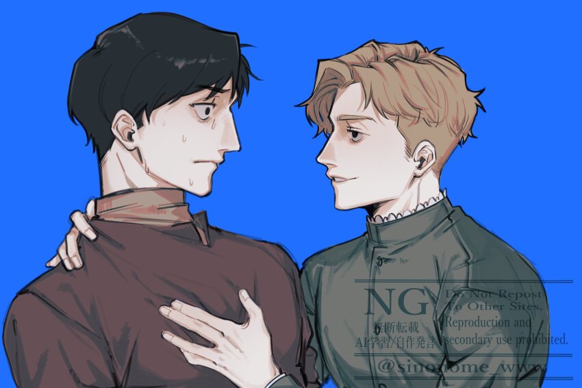 2boys albert_brudzewski_(chi.) arm_around_shoulder black_hair blonde_hair blue_background brown_jacket chi.:_chikyuu_no_undou_ni_tsuite green_jacket hand_on_another&#039;s_chest highres jacket male_focus multiple_boys parted_lips rafal_(chi.) short_hair sinonome_www smile sweatdrop twitter_username upper_body wide-eyed