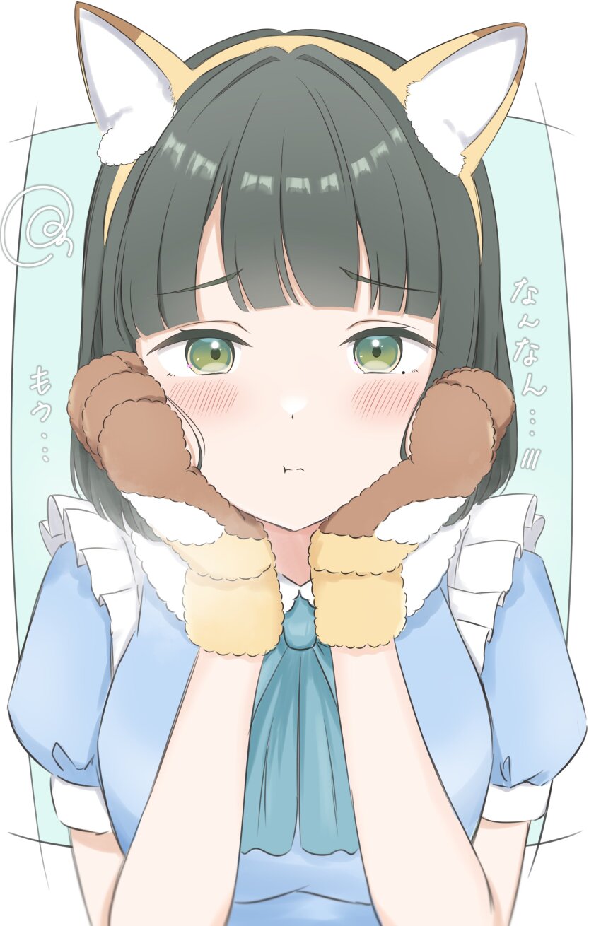 1girl :t absurdres animal_ear_hairband animal_ears animal_hands apron blue_background blue_dress blue_ribbon blunt_bangs blunt_ends blush breasts cheek_press closed_mouth collared_dress dress fake_animal_ears fox_ears frilled_apron frills gloves green_eyes green_hair hairband hands_on_own_cheeks hands_on_own_face highres iroha_(nami3) large_breasts link!_like!_love_live! looking_at_viewer love_live! momose_ginko momose_ginko_(animal_cafe) neck_ribbon official_alternate_costume orange_hairband paw_gloves puffy_short_sleeves puffy_sleeves redrawn ribbon short_hair short_sleeves simple_background squiggle straight-on upper_body virtual_youtuber