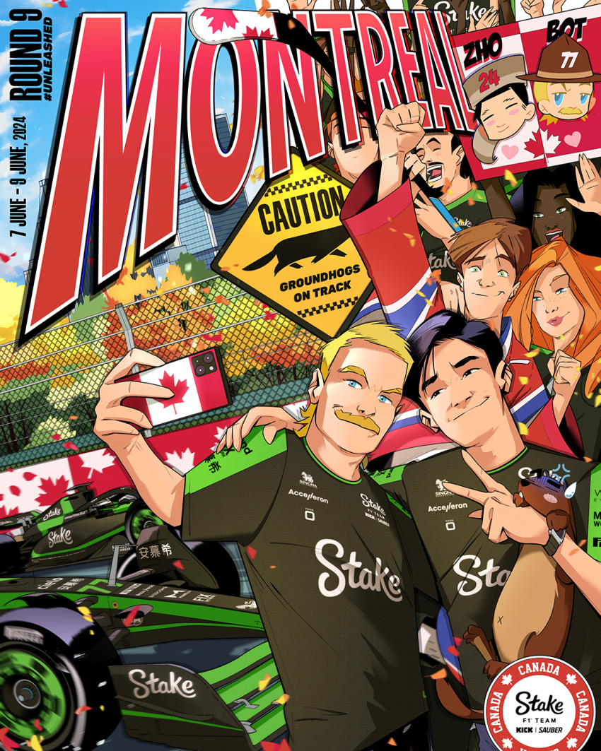2girls 6+boys autumn_leaves baseball_cap beard black_eyes black_hair black_hat black_shirt blonde_hair blue_eyes blue_pants brown_hair canada canadian_flag car circuit_gilles_villeneuve crowd dark-skinned_female dark_skin facial_hair formula_one formula_racer groundhog hair_behind_ear hand_on_another&#039;s_shoulder hat highres hockey_stick holding holding_phone juan_alcala leaf looking_at_viewer making-of_available montreal motor_vehicle mullet multiple_boys multiple_girls mustache official_art open_hand orange_hair pants phone promotional_art race_vehicle racecar real_life selfie shirt smile tree valtteri_bottas zhou_guanyu