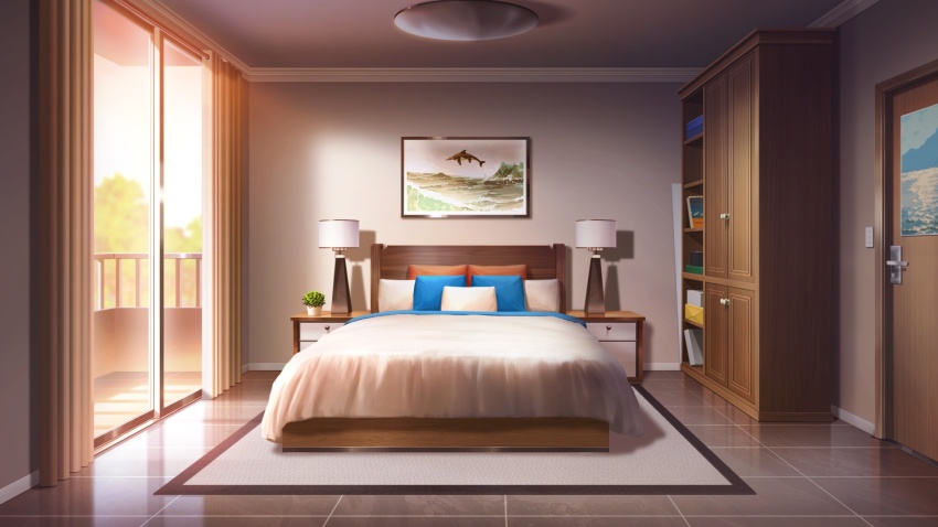 apartment balcony bed bedroom blanket carpet ceiling_light curtains desk_lamp door glass_door highres indoors lamp no_humans non-web_source official_art our_life our_life:_beginnings_and_always photo_(object) pillow plant potted_plant railing shelf tile_floor tiles variant_set wardrobe window_light
