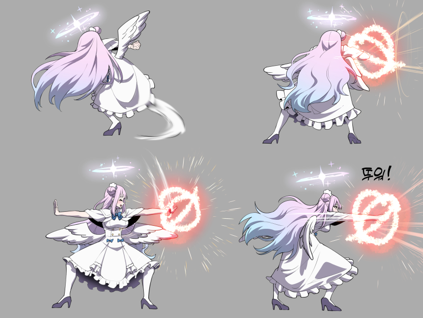 &gt;_&lt; 1girl absurdres blue_archive blue_hair breasts capelet commentary_request easel_(djeasel) feathered_wings fighting_game gradient_hair grey_background hair_bun halo high-waist_skirt high_heels highres kicking korean_commentary korean_text large_breasts leg_sweep long_hair mika_(blue_archive) motion_lines multicolored_hair multiple_views open_mouth pantyhose parody punching purple_hair shirt simple_background single_side_bun skirt sleeveless sleeveless_shirt smile sprite_sheet tekken tekken_8 very_long_hair white_capelet white_pantyhose white_shirt white_skirt white_wings wings