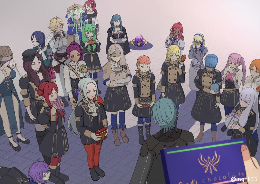annette_fantine_dominic armor bernadetta_von_varley black_armor black_hair blonde_hair blue_eyes blue_hair blue_hairband cape catherine_(fire_emblem) constance_von_nuvelle dark-skinned_female dark_skin dorothea_arnault edelgard_von_hresvelg female_shez_(fire_emblem) fire_emblem fire_emblem:_three_houses fire_emblem_warriors:_three_hopes flayn_(fire_emblem) food garreg_mach_monastery_uniform green_hair hairband hapi_(fire_emblem) highres hilda_valentine_goneril ingrid_brandl_galatea lysithea_von_ordelia male_byleth_(fire_emblem) manuela_casagranda marianne_von_edmund mercedes_von_martritz mgnk33 monica_von_ochs nintendo orange_hair pantyhose petra_macneary red_hair rhea_(fire_emblem) shamir_nevrand short_hair skirt sothis_(fire_emblem) tiara twintails white_hair