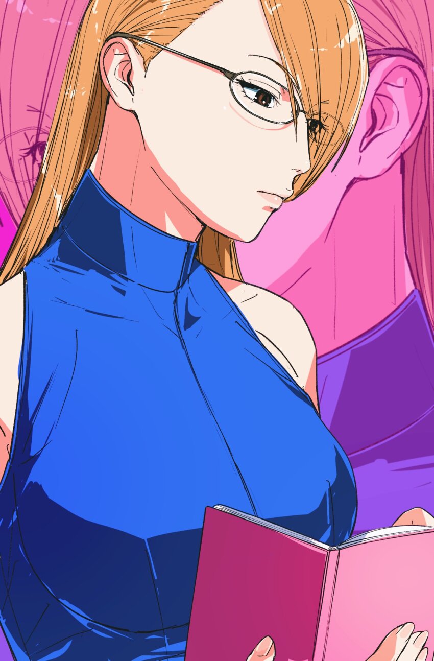 1girl ace_attorney adrian_andrews amikoiiko blonde_hair blue_shirt breasts brown_eyes closed_mouth covered_collarbone fingernails glasses highres holding holding_notebook large_breasts long_hair looking_at_object looking_down notebook phoenix_wright:_ace_attorney_-_justice_for_all pink_background pink_lips round_eyewear shirt sleeveless sleeveless_turtleneck solo sternocleidomastoid_muscle turning_page turtleneck upper_body zoom_layer