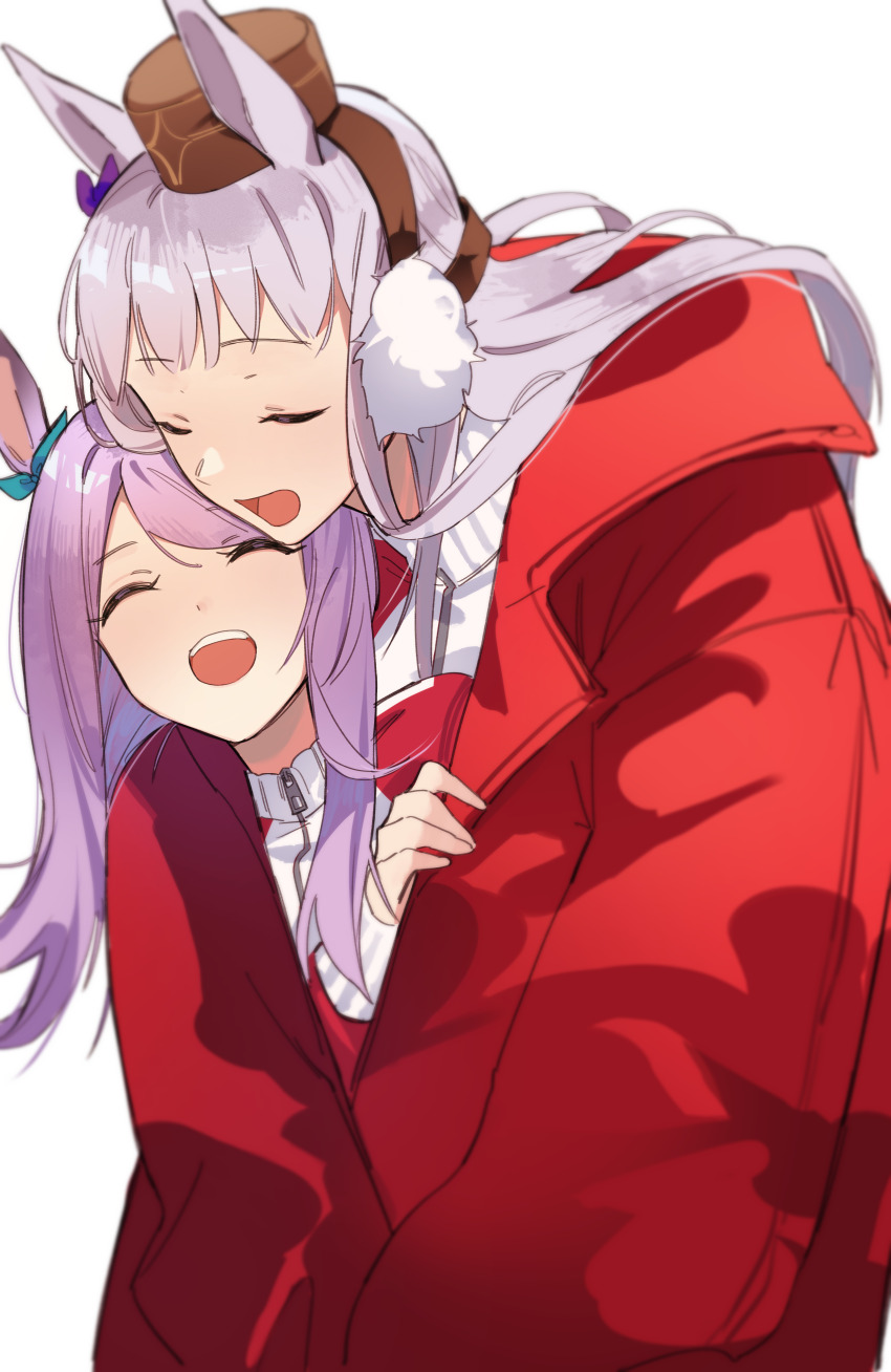 2girls ^_^ absurdres animal_ears blush closed_eyes coat earmuffs gold_ship_(umamusume) grey_hair highres horse_ears horse_girl jacket jenshenya mejiro_mcqueen_(umamusume) multiple_girls pillbox_hat purple_hair red_coat shared_clothes shared_coat simple_background smile teeth track_jacket umamusume upper_body upper_teeth_only white_background yuri