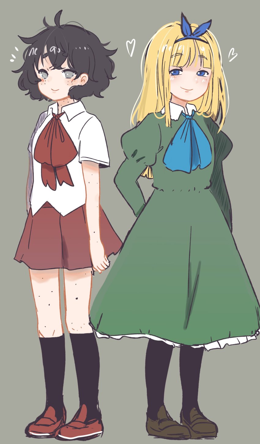 2girls absurdres alternate_costume arms_at_sides black_hair black_socks sophie_(popopoka) erika_(popopoka) blonde_hair blush borrowed_character brown_footwear brown_skirt cosplay dress freckles green_dress grey_eyes heart highres ib_(ib) ib_(ib)_(cosplay) ib_(kouri) juliet_sleeves kneehighs long_sleeves mary_(ib) mary_(ib)_(cosplay) multiple_girls neqo_(neneneqo) original pantyhose puffy_sleeves red_footwear red_neckwear shirt short_hair skirt smile socks standing white_shirt