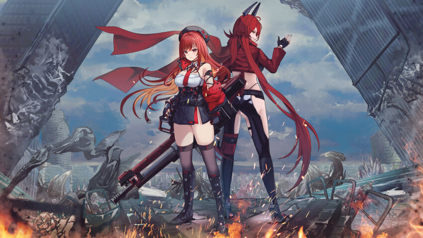 2girls absurdres ass back-to-back bandolier bare_shoulders belt beret boots breasts building choker cityscape clenched_hand clothing_cutout cloud cloudy_sky commentary_request cropped_jacket detached_collar double_finger_gun finger_gun fingerless_gloves fire from_behind front_slit full_body gimyogi gloves goddess_of_victory:_nikke gun hand_up hat height_difference high_heels highres hip_vent jacket large_breasts long_hair looking_at_viewer looking_back machine_gun midriff multiple_girls necktie outdoors railing rapi_(nikke) rapi_(red_hood)_(nikke) rapture_(nikke) red_eyes red_hair red_hood_(nikke) ruins scarf single_off_shoulder skirt sky sleeveless star_(symbol) strap thigh_cutout thighhighs very_long_hair weapon zettai_ryouiki