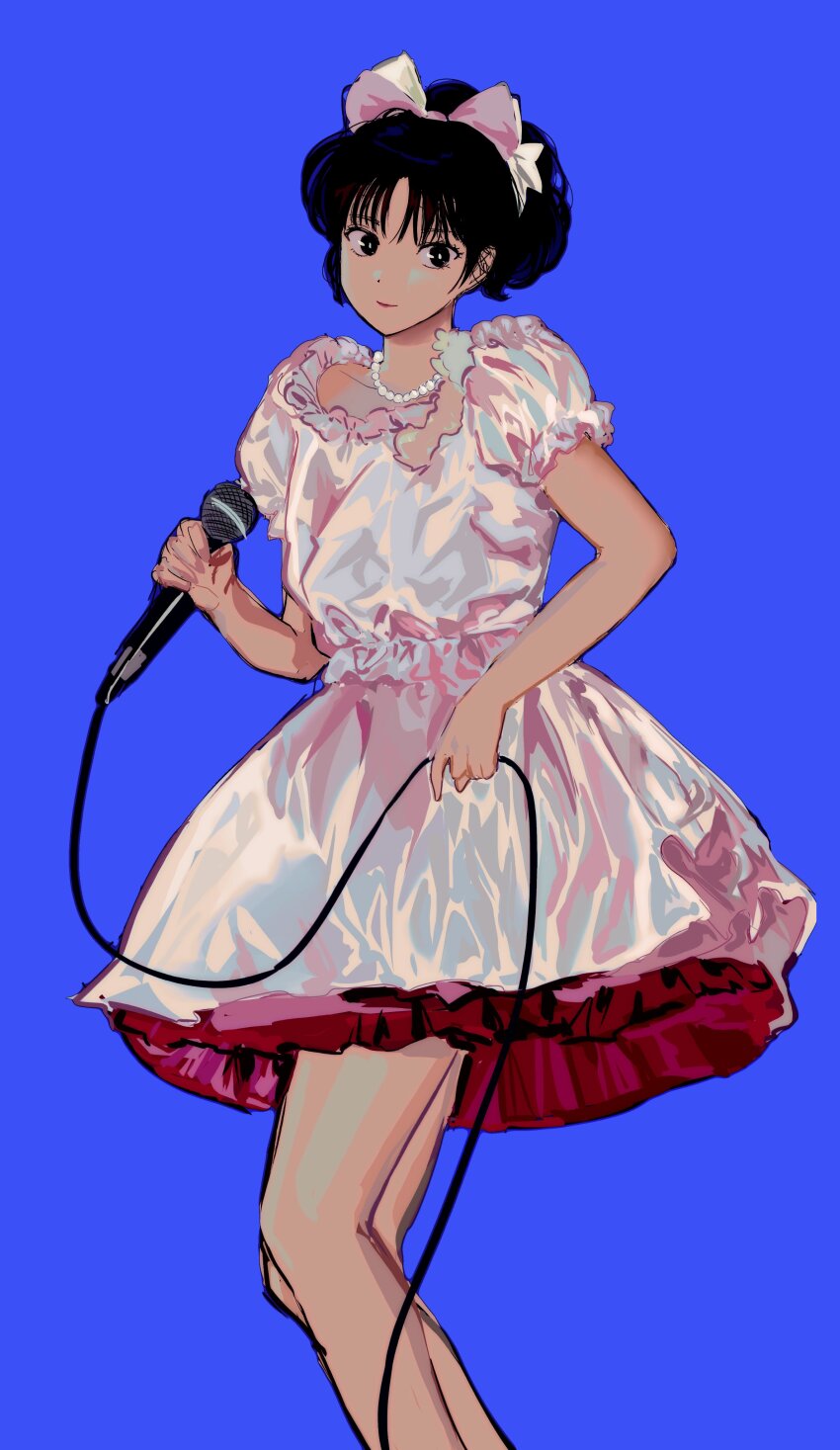 1girl 88_77k absurdres black_hair blue_background bow dress hair_bow highres holding holding_microphone idol looking_at_viewer microphone official_alternate_costume puffy_short_sleeves puffy_sleeves ranma_1/2 short_hair short_sleeves simple_background solo tendou_akane white_dress