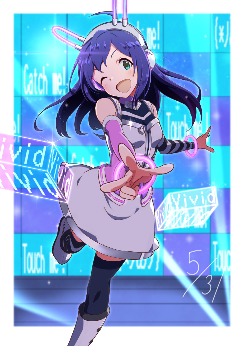 1girl absurdres ahoge animal_ear_headphones animal_ears asymmetrical_legwear asymmetrical_sleeves badge bare_shoulders black_thighhighs blush boots bracelet breasts button_badge cowboy_shot detached_sleeves dress fake_animal_ears gen_(renoir1124) glint green_eyes grey_dress hair_between_eyes happy_birthday headphones highres idolmaster idolmaster_million_live! idolmaster_million_live!_theater_days jewelry laser leg_up long_hair looking_at_viewer mismatched_legwear mismatched_sleeves mochizuki_anna one_eye_closed open_mouth pink_sleeves pixelated purple_hair rabbit_ears reaching reaching_towards_viewer screen sleeveless sleeveless_dress small_breasts smile solo stage standing standing_on_one_leg striped_clothes striped_sleeves striped_thighhighs thighhighs white_boots zettai_ryouiki