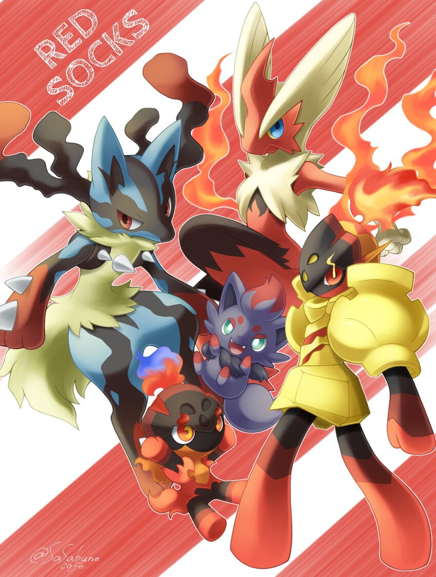 armarouge black_fur blaziken blue_fur body_fur charcadet closed_mouth english_text fangs gen_3_pokemon gen_4_pokemon gen_5_pokemon highres lucario mega_blaziken mega_lucario mega_pokemon multicolored_fur nintendo no_humans open_mouth pokemon pokemon_(creature) red_background red_eyes red_fur sasabunecafe simple_background snout spikes standing twitter_username yellow_fur zorua