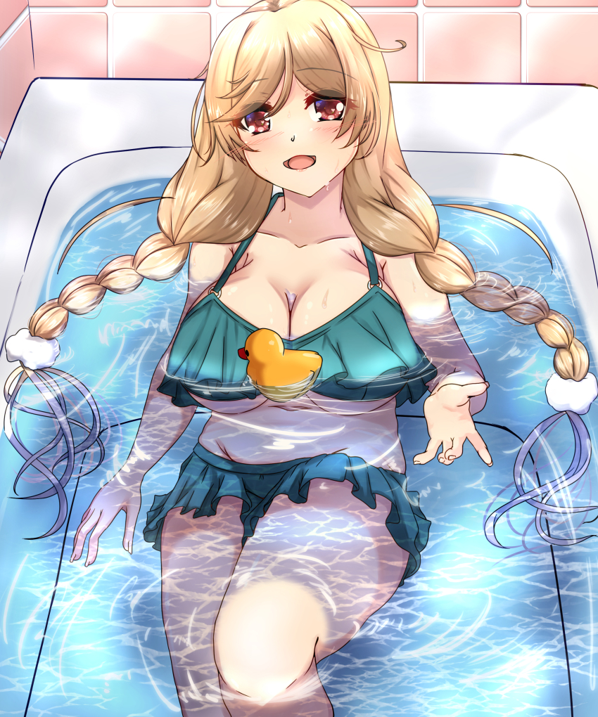 1girl absurdres alternate_breast_size bath bathing bathtub bikini blonde_hair blush braid breasts cosplay green_bikini highres kantai_collection kasumi_(kancolle) kasumi_(kancolle)_(cosplay) kasumi_kai_ni_(kancolle) kasumi_kai_ni_(swimsuit)_(kancolle) large_breasts long_hair looking_at_viewer minegumo_(kancolle) open_mouth red_eyes rubber_duck shigatsu_(soratobuusagi) smile solo swimsuit twin_braids undersized_clothes