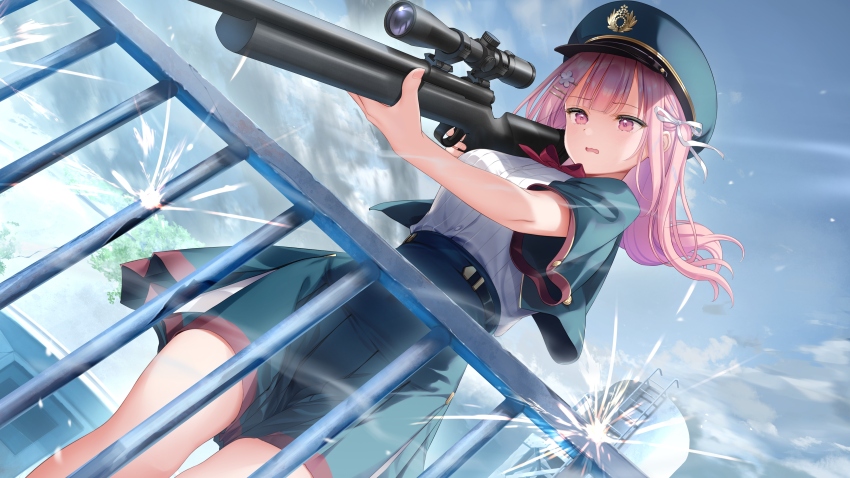 1girl absurdres day dutch_angle game_cg gun hair_ornament hair_ribbon hairclip hat high-waist_skirt highres himeno_akari holding holding_gun holding_weapon long_hair mignon military_uniform miniskirt official_art open_mouth otome_sekai_no_arukikata outdoors peaked_cap photoshop_(medium) pink_eyes pink_hair pleated_skirt railing ribbon rifle scope shirt_tucked_in short_sleeves skirt sniper_rifle solo sparks standing water_tower weapon