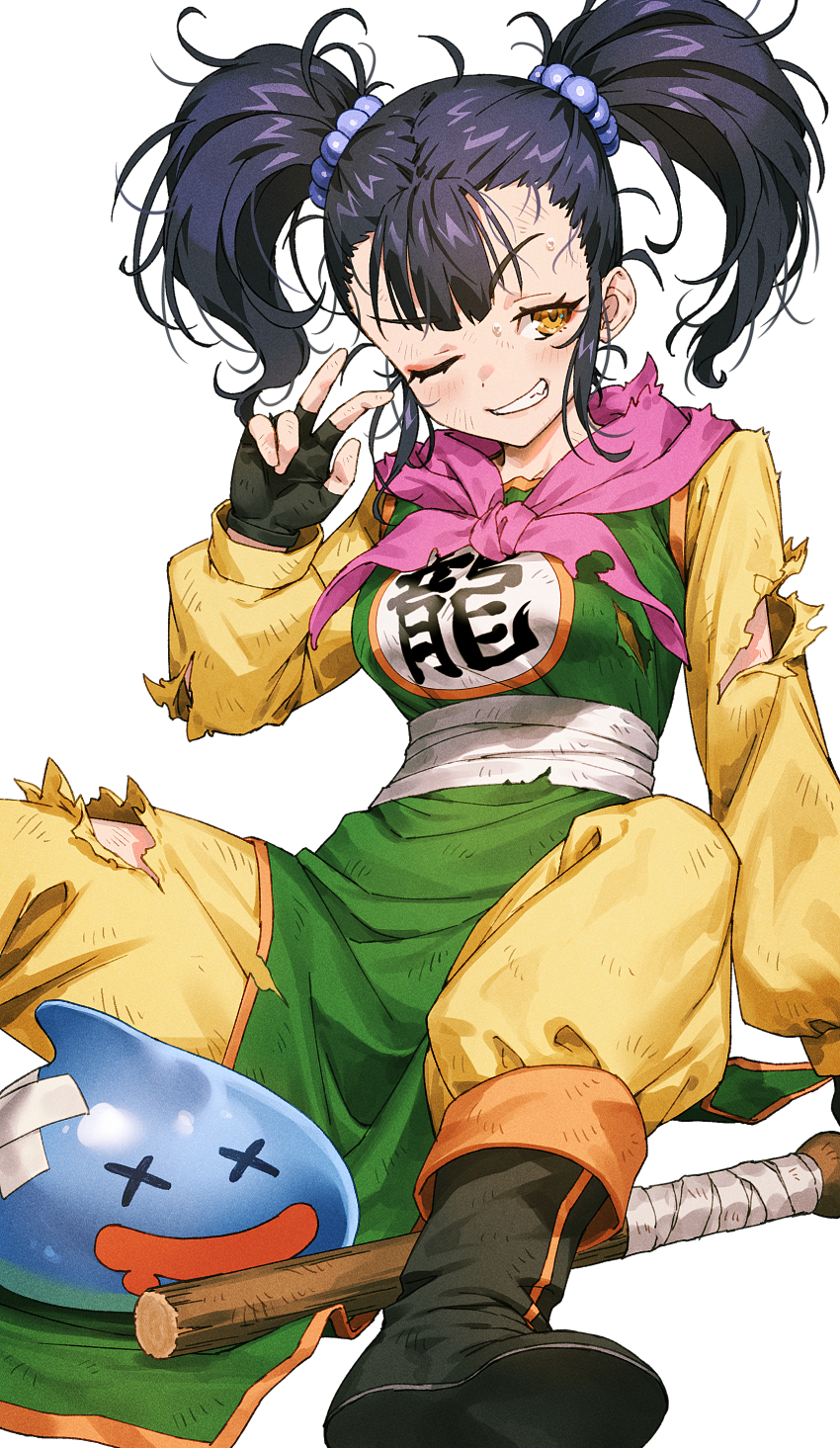 1girl absurdres after_battle black_hair boots chyko dragon_quest dragon_quest_iii martial_artist_(dq3) fingerless_gloves gloves highres light_blush looking_at_viewer messy_hair scarf sitting slime_(dragon_quest) smile stick torn_clothes twintails v x_x