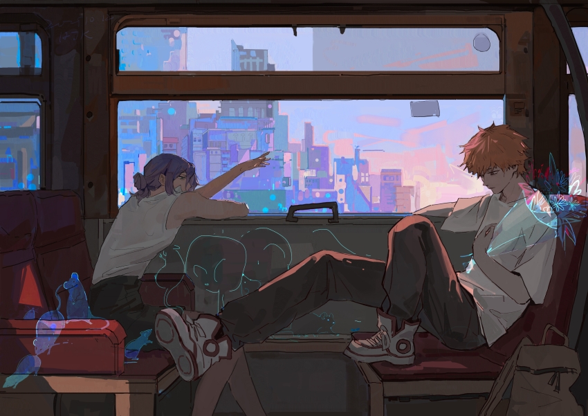 1boy 1girl absurdres backpack bag bare_arms bare_legs black_shorts blonde_hair bouquet brown_bag building chainsaw_man chair chinese_commentary city cityscape commentary dated denji_(chainsaw_man) feet_on_chair flower green_eyes grey_pants highres holding holding_bouquet hologram limit932 mouse_(animal) outstretched_arm pants purple_hair reze_(chainsaw_man) shirt shoes short_hair shorts signature sitting skyscraper sleeveless sleeveless_shirt sneakers t-shirt train train_interior twilight white_shirt white_shoes