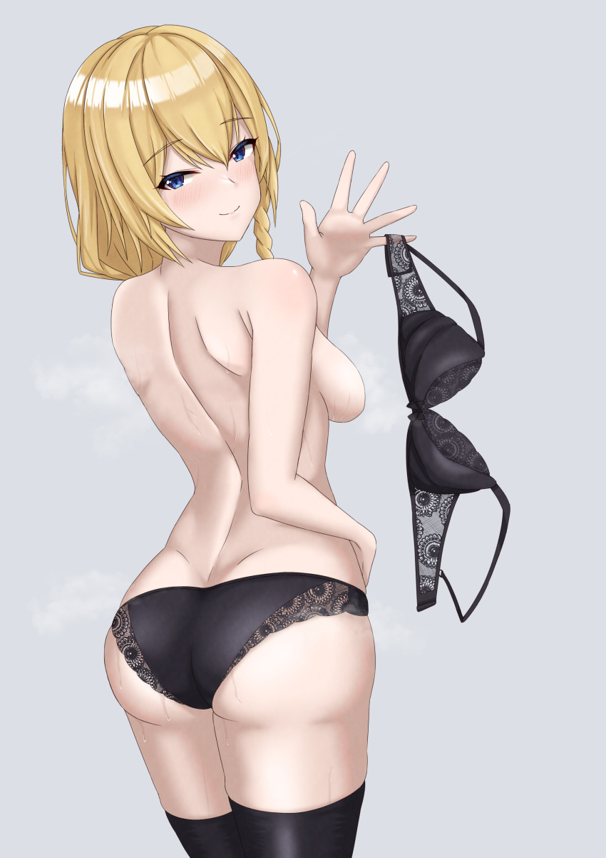 1girl absurdres ass back backboob bare_shoulders black_bra black_panties black_thighhighs blonde_hair blue_eyes blush bow bow_bra bra braid breasts from_back girls&#039;_frontline girls&#039;_frontline_2:_exilium grey_background hair_between_eyes highres holding holding_bra holding_underwear holding_unworn_clothes lace lace-trimmed_bra lace-trimmed_panties lace_trim long_hair looking_at_viewer looking_back medium_breasts midori_mushi mosin-nagant_(girls&#039;_frontline) mosin-nagant_(girls&#039;_frontline_2) panties simple_background smile solo steam sweat thighhighs topless_female underwear unworn_bra