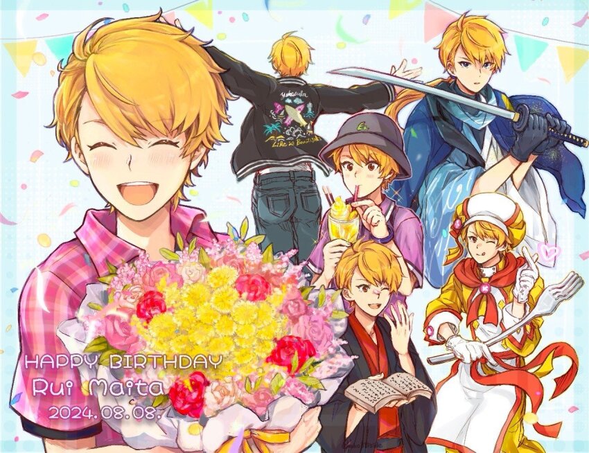 1boy apron asymmetrical_bangs banner birthday black_gloves black_haori black_hat black_jacket black_undershirt blonde_hair blue_kimono blush book bouquet brown_eyes bucket_hat character_name chef chef_hat collared_shirt commentary_request confetti cup dated denim drinking drinking_straw english_text fingernails flower food fork gloves hands_up haori happy_birthday hat hoko315side holding holding_book holding_bouquet holding_cup holding_drinking_straw holding_fork idol idol_clothes idolmaster idolmaster_side-m jacket japanese_clothes jeans kimono light_blush long_hair long_sleeves looking_at_viewer low_ponytail maita_rui multiple_views one_eye_closed open_clothes open_jacket open_mouth outstretched_arms pants parfait pink_shirt plaid_clothes plaid_shirt ponytail purple_shirt red_kimono ribbon samurai scarf shirt short_hair short_sleeves smile solo_focus spread_arms standing teeth tongue tongue_out undershirt upper_teeth_only white_apron white_gloves white_hat yellow_ribbon