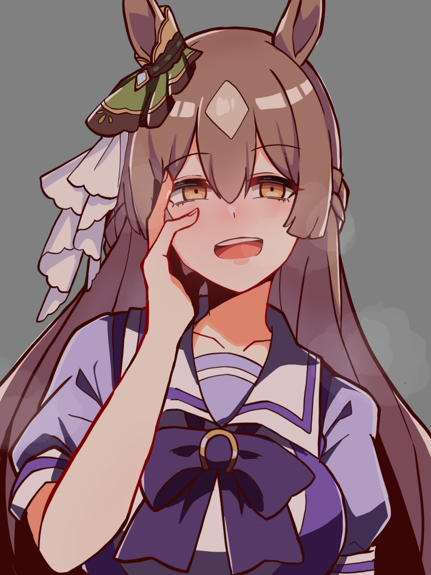 1girl animal_ears bow bowtie braid breasts breath brown_hair collarbone double-parted_bangs ear_ornament ear_ribbon grey_background hair_between_eyes half_up_braid half_updo hand_on_own_face hand_up highres kawamochi_(tddm3573) large_breasts long_hair looking_at_viewer multicolored_hair open_mouth orange_eyes puffy_short_sleeves puffy_sleeves purple_bow purple_bowtie purple_shirt sailor_collar satono_diamond_(umamusume) school_uniform shirt short_sleeves simple_background smile solo streaked_hair teeth tracen_school_uniform umamusume upper_teeth_only very_long_hair white_hair white_sailor_collar yandere_trance