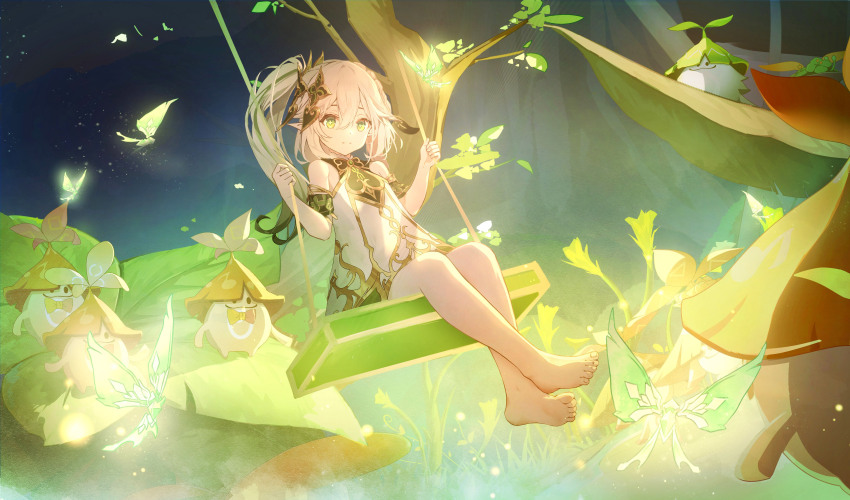 1girl absurdres aranara_(genshin_impact) bare_shoulders barefoot closed_mouth commentary crystalfly_(genshin_impact) detached_sleeves dress feet full_body genshin_impact gold_trim green_eyes green_hair green_sleeves h1910984490 hair_between_eyes highres light_smile long_hair looking_at_viewer multicolored_hair nahida_(genshin_impact) on_swing pointy_ears side_ponytail sitting sleeveless sleeveless_dress solo streaked_hair swing symbol-shaped_pupils toenails white_dress white_hair