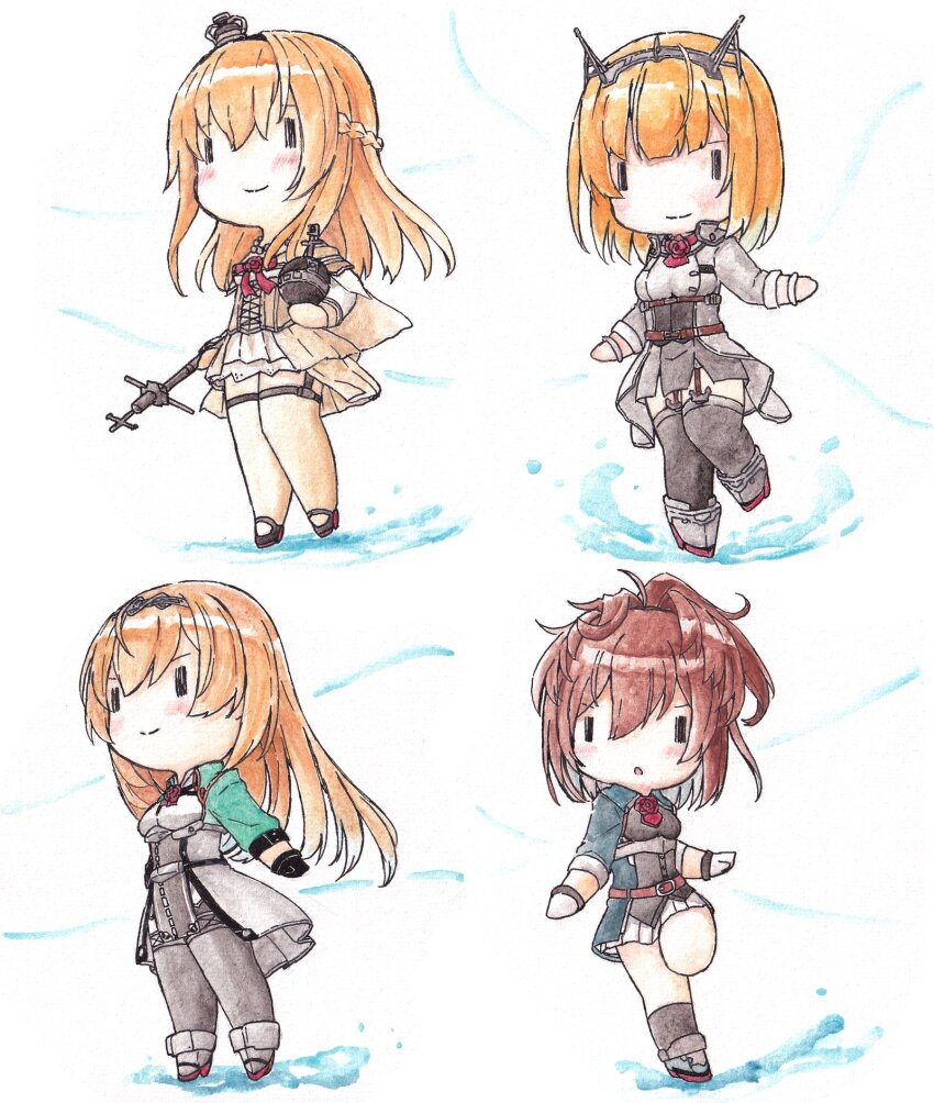 black_pantyhose black_socks black_thighhighs blonde_hair breasts brown_gloves brown_hair chibi crown garter_straps globus_cruciger gloves headgear highres holding kantai_collection leg_up long_hair mini_crown multiple_girls pantyhose parted_lips poipoi_purin rodney_(kancolle) sheffield_(kancolle) shoes short_hair smile socks standing thighhighs tiara victorious_(kancolle) warspite_(kancolle) white_gloves white_thighhighs