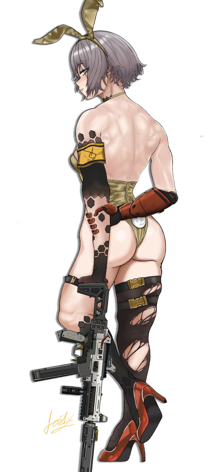 1girl absurdres animal_ear_hairband animal_ears armband back_muscles commission fake_animal_ears fake_tail fos1x from_behind girls&#039;_frontline girls&#039;_frontline_2:_exilium grey_hair gun h&amp;k_ump hairband high_heels highres holding_own_arm leaning_on_weapon leotard looking_at_viewer mechanical_arms muscular muscular_female playboy_bunny rabbit_ear_hairband rabbit_ears rabbit_tail red_shoes scar scar_across_eye scar_on_face shoes signature single_mechanical_arm solo submachine_gun tail thighhighs torn_clothes torn_thighhighs transparent_background ump45_(girls&#039;_frontline) weapon