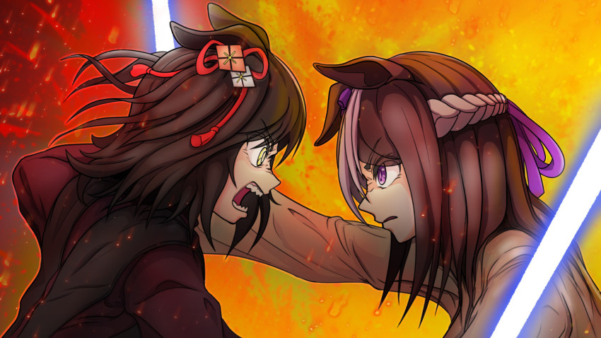 2girls anakin_skywalker anakin_skywalker_(cosplay) animal_ears blue_lightsaber braid commentary_request cosplay ctn_sasuke dilated_pupils ears_down energy_sword fangs french_braid hair_ornament horse_ears horse_girl kitasan_black_(umamusume) lightsaber medium_hair lava multiple_girls obi-wan_kenobi obi-wan_kenobi_(cosplay) purple_eyes robe scene_reference special_week_(umamusume) star_wars star_wars:_revenge_of_the_sith sword umamusume weapon yellow_eyes yotsuwari-bishi