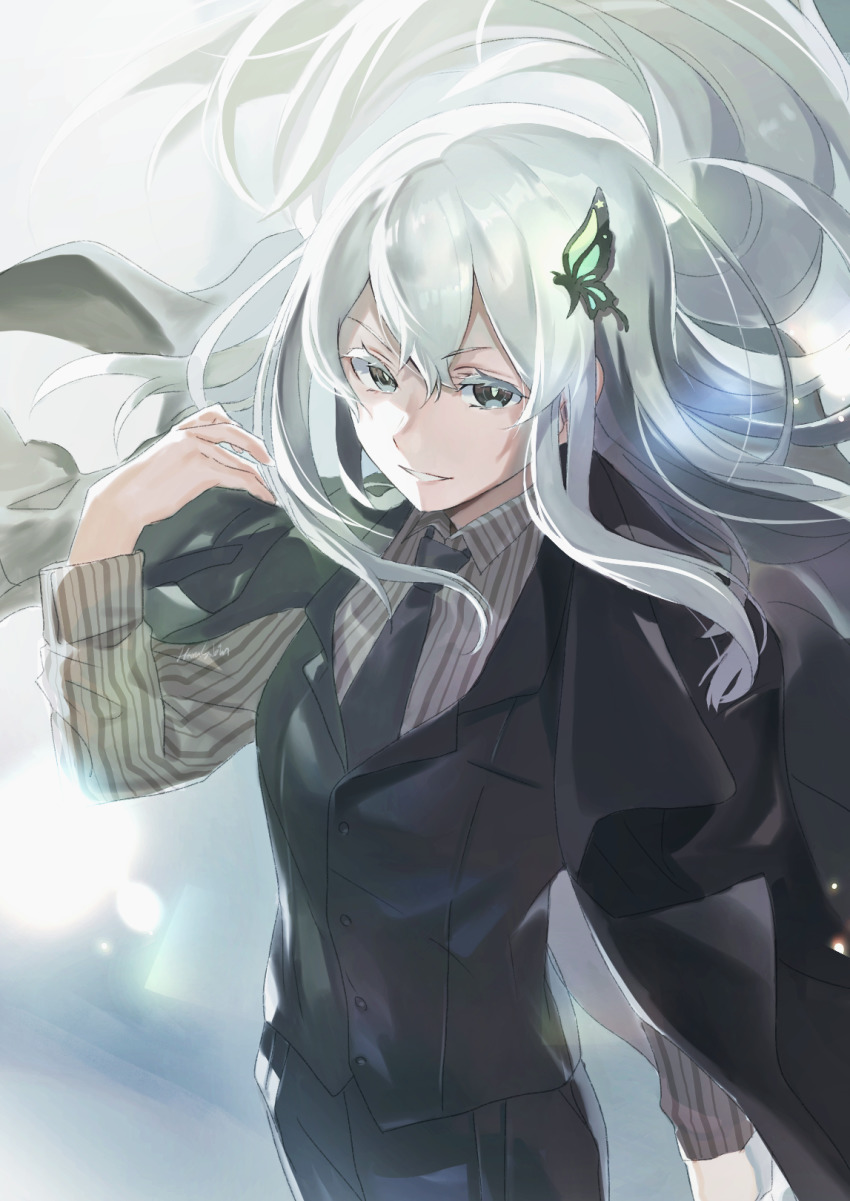 1girl artist_name bad_id bad_pixiv_id black_eyes black_jacket black_pants black_vest breasts bug butterfly butterfly_hair_ornament colored_eyelashes echidna_(re:zero) formal_clothes green_butterfly grey_shirt hair_between_eyes hair_ornament harusabin highres insect jacket jacket_on_shoulders long_hair looking_at_viewer medium_breasts necktie pants re:zero_kara_hajimeru_isekai_seikatsu shirt silver_hair smile solo suit teeth vest white_eyelashes