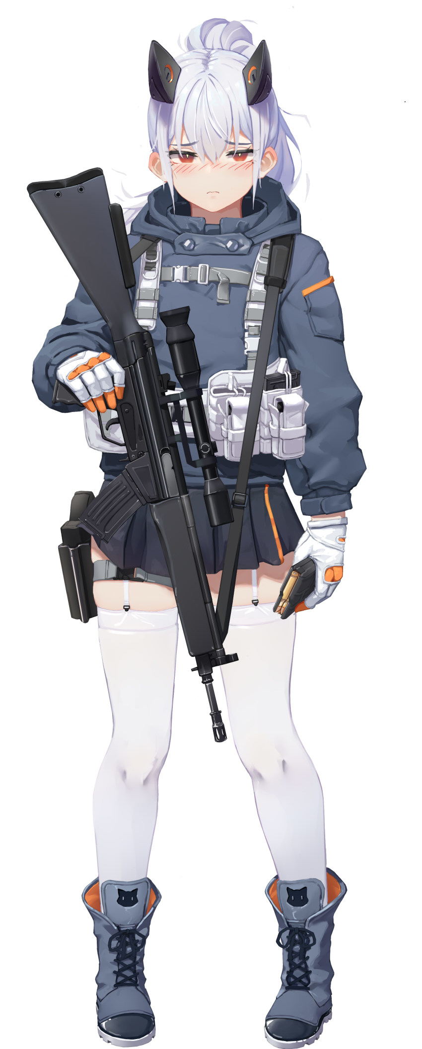 1girl 5.56x45mm_nato absurdres ammunition assault_rifle blush carbine carbine_cartridge dmr_cartridge double-stack_magazine girls&#039;_frontline gloves greentree gun gun_sling h&amp;k_hk33 handgun highres hk33_(girls&#039;_frontline) holding holding_gun holding_magazine_(weapon) holding_weapon holster intermediate_cartridge lmg_cartridge load_bearing_equipment magazine_(weapon) pistol ponytail red_eyes rifle rifle_cartridge scope short-barreled_rifle silver_hair skindentation skirt solo sweater thigh_holster thighhighs weapon white_background