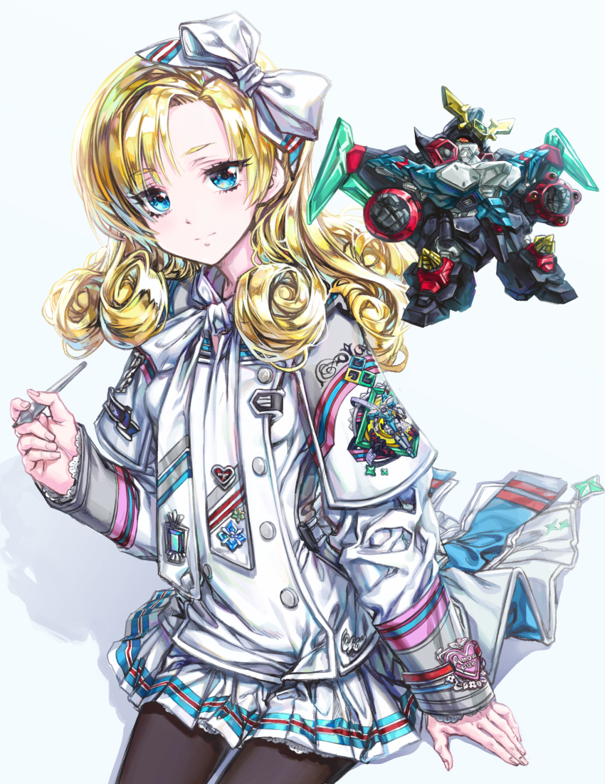 1girl alouette_pomiers bad_id bad_pixiv_id black_pantyhose blonde_hair blue_eyes breasts chibi clenched_hands gaofighgar greatwhite1122 hair_behind_ear hakaiou:_gaogaigar_vs._betterman head_tilt highres holding holding_pen jacket long_hair mecha pantyhose pen robot skirt small_breasts solo super_robot v-fin white_jacket white_skirt yuusha_ou_gaogaigar yuusha_series