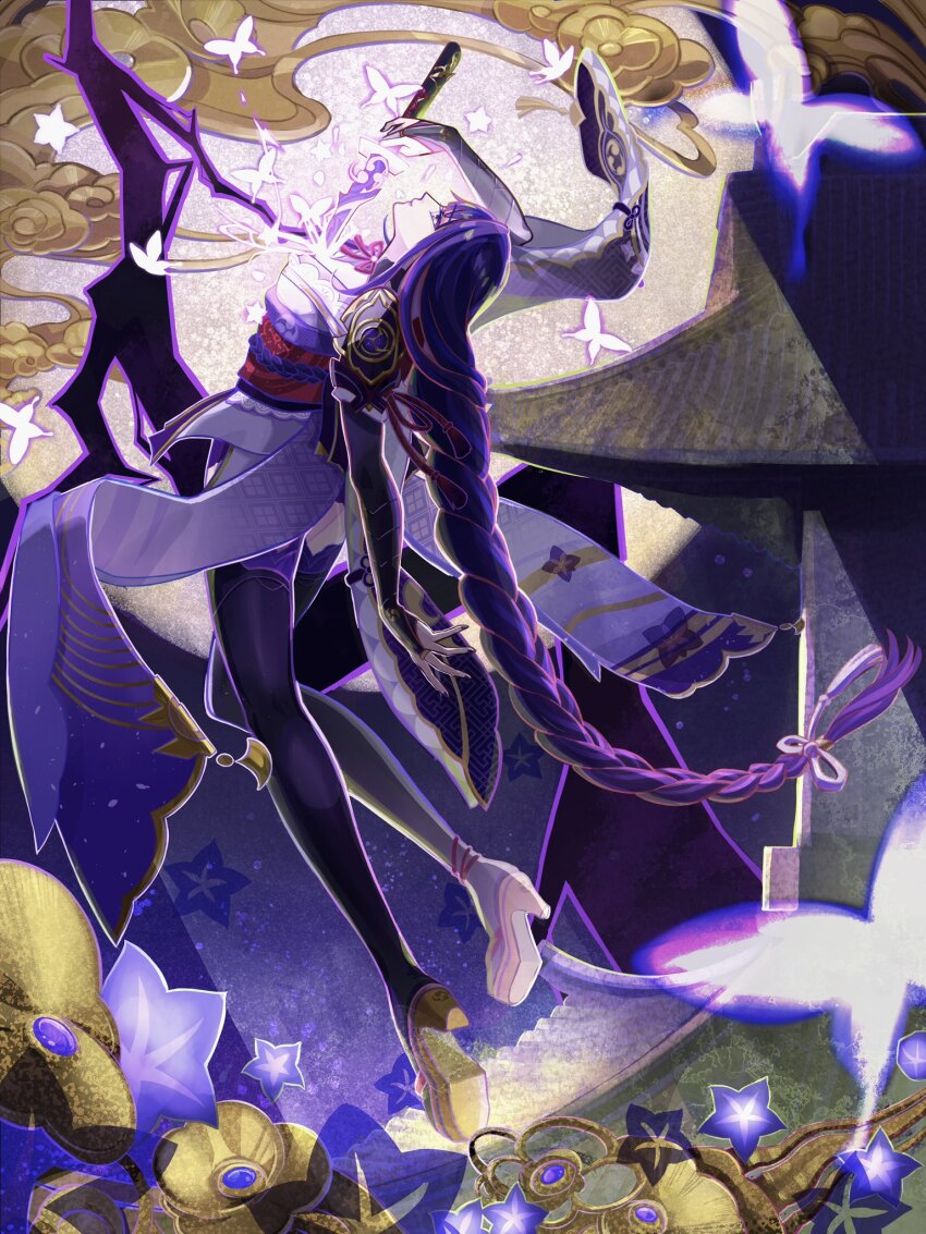 1girl absurdly_long_hair armor braid braided_ponytail breasts bridal_gauntlets bug butterfly commentary_request electricity from_side full_body genshin_impact glowing_butterfly high_heels highres holding holding_sword holding_weapon human_scabbard insect japanese_clothes kimono large_breasts long_hair looking_up making-of_available mitsudomoe_(shape) musou_isshin_(genshin_impact) obi obiage obijime okawaoshio pauldrons platform_sandals purple_eyes purple_hair purple_kimono purple_thighhighs raiden_shogun red_sash sandals sash sheath shoulder_armor single_braid solo sword thighhighs tomoe_(symbol) unsheathing very_long_hair weapon