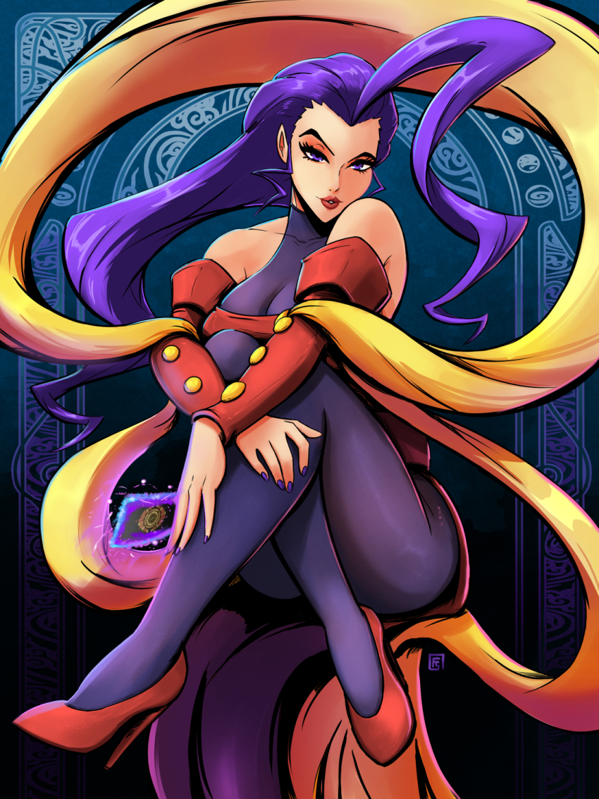 1girl bare_shoulders card dress high_heels highres holding holding_card long_hair purple_eyes purple_hair purple_nails red_lips red_shoes requiem-delacroix rose_(street_fighter) scarf shoes street_fighter yellow_scarf