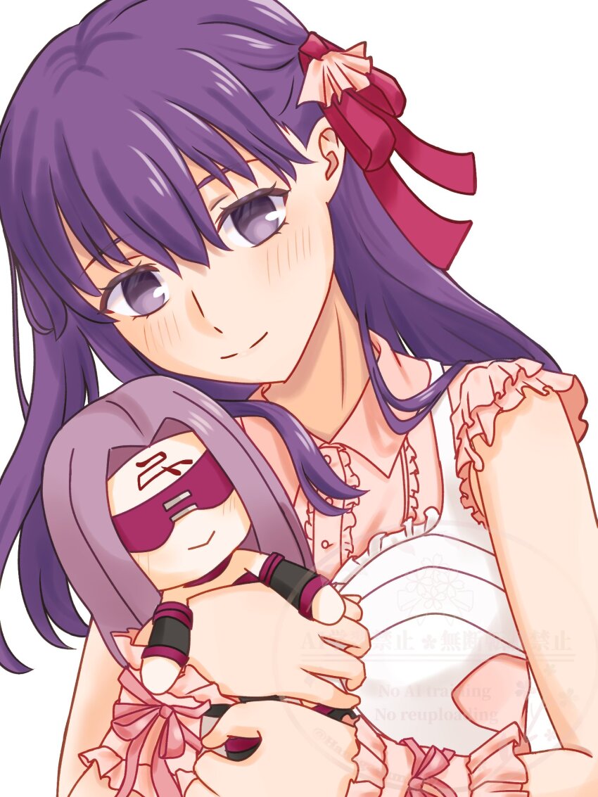 1girl 2girls apron blindfold covered_eyes detached_sleeves dress fate/stay_night fate_(series) forehead_tattoo hair_between_eyes hair_ornament hanagasumi_87 highres holding holding_toy light_blush long_hair looking_at_viewer matou_sakura medusa_(fate) medusa_(rider)_(fate) multiple_girls off_shoulder pink_dress pink_ribbon purple_hair red_ribbon ribbon simple_background smile toy white_apron white_background