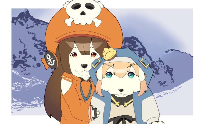 :3 androgyne_symbol animal animal_focus animalization blonde_hair border bridget_(guilty_gear) brown_hair clothed_animal commentary dog guilty_gear guilty_gear_strive hat hood hood_up hug jotchua_(meme) long_hair looking_at_viewer may_(guilty_gear) meme mountain n0_image no_humans orange_hat photo-referenced puppy smile white_border