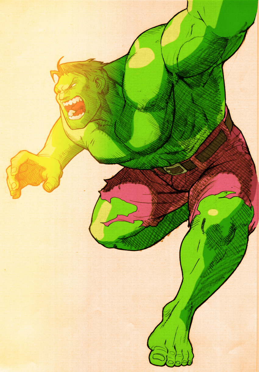 1boy absurdres angry barefoot bengus capcom colored_skin facing_to_the_side game_cg green_skin highres hulk male_focus marvel marvel_vs._capcom marvel_vs._capcom_2 muscular muscular_male non-web_source open_mouth outstretched_arms short_hair sidelighting solo teeth torn_clothes veins veiny_arms