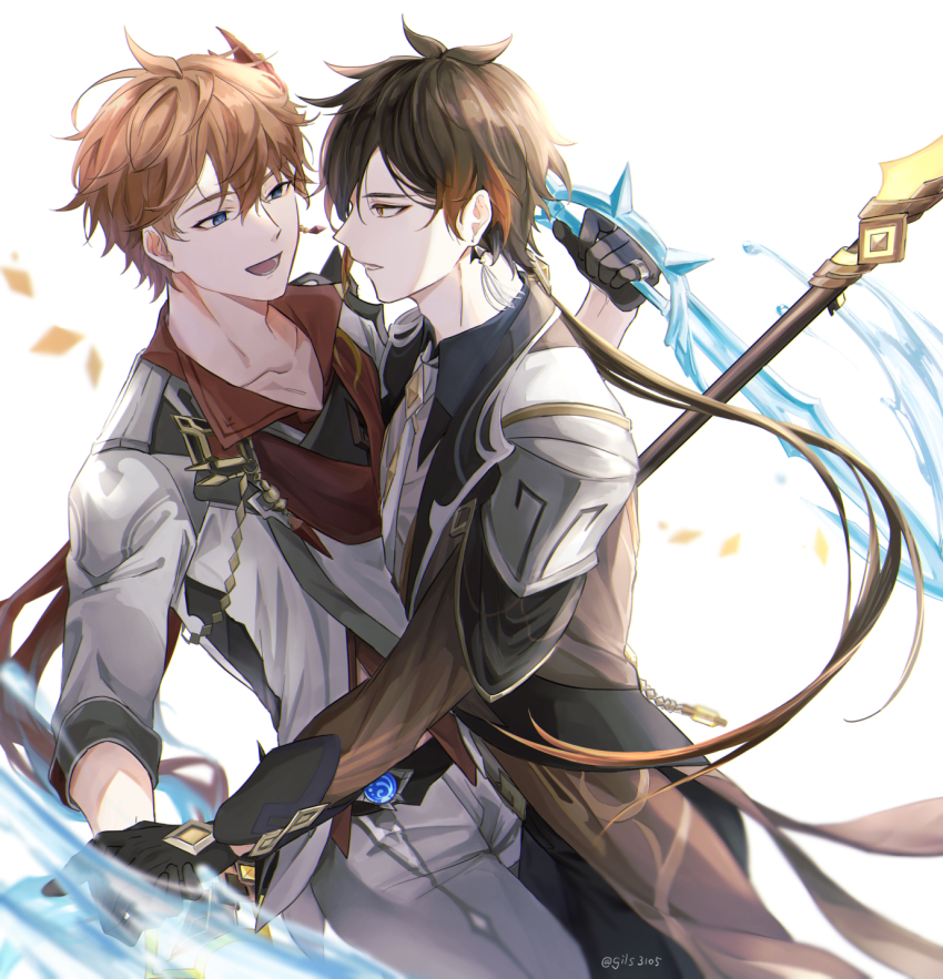 2boys gils3105 holding holding_weapon image_sample multiple_boys pixiv pixiv_sample tartaglia_(genshin_impact) vortex_vanquisher_(genshin_impact) weapon white_background yaoi zhongli_(genshin_impact)