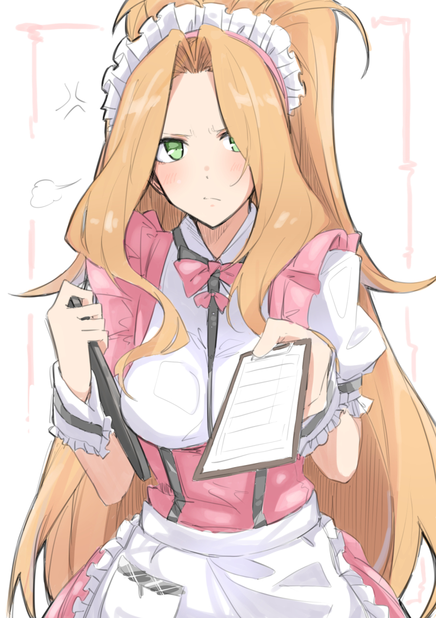 1girl ahoge anger_vein apron blush bow bowtie breasts brown_hair closed_mouth dot_nose dress durindana_7 frilled_apron frills green_eyes highres holding holding_menu holding_tray idolmaster idolmaster_million_live! idolmaster_million_live!_theater_days long_hair looking_at_viewer medium_breasts menu nikaido_chizuru pink_bow pink_bowtie pink_dress ponytail pretty_waitress_(idolmaster) puff_of_air shirt short_sleeves solo tray upper_body very_long_hair waist_apron white_apron white_background white_headdress white_shirt white_wrist_cuffs wrist_cuffs