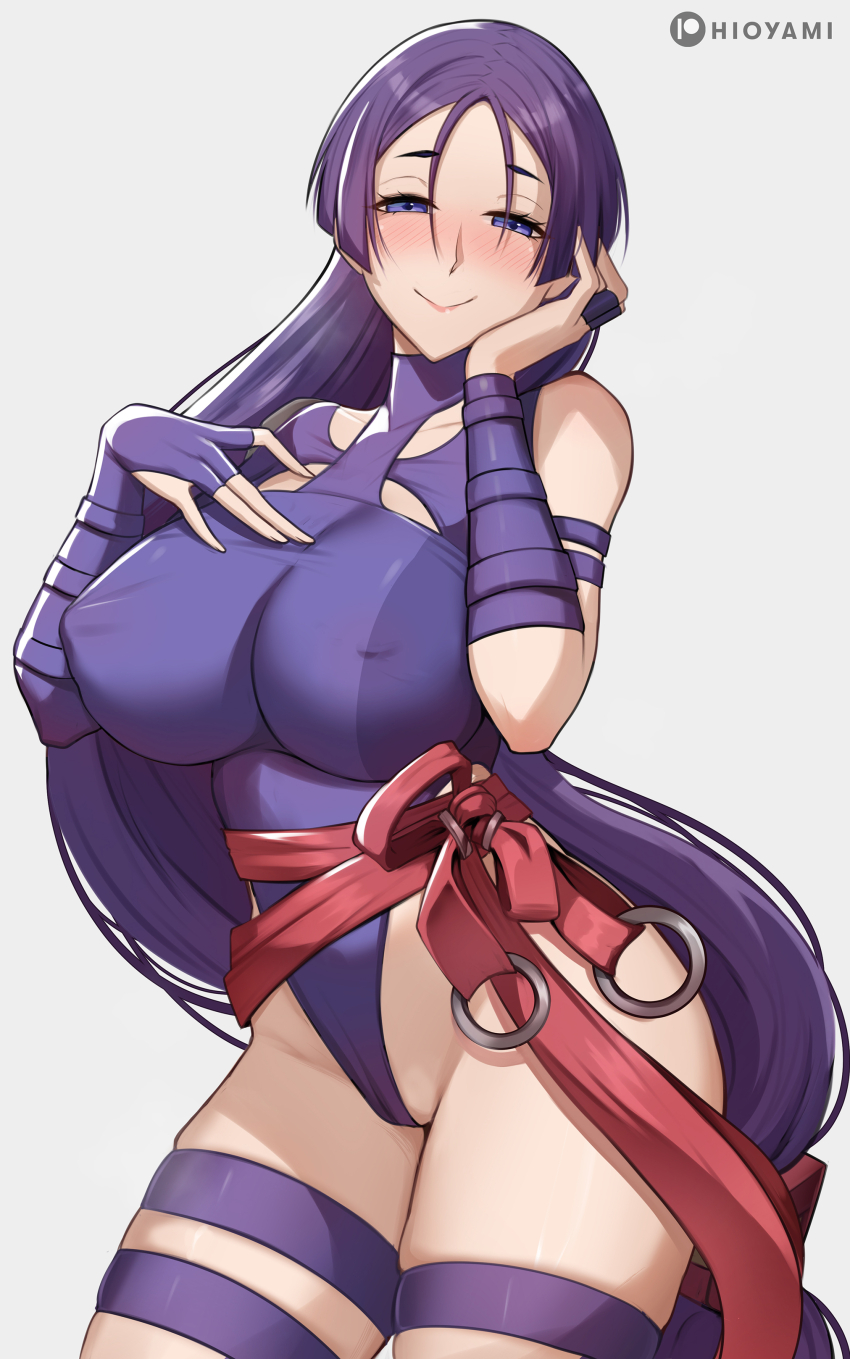 1girl absurdres breasts commentary cosplay covered_erect_nipples detached_sleeves fate/grand_order fate_(series) highleg highleg_leotard highres hioyami large_breasts leotard long_hair looking_at_viewer marvel marvel_rivals minamoto_no_raikou_(fate) parted_bangs psylocke psylocke_(cosplay) psylocke_(vengeance) purple_eyes purple_hair purple_leotard sash smile solo very_long_hair waist_sash