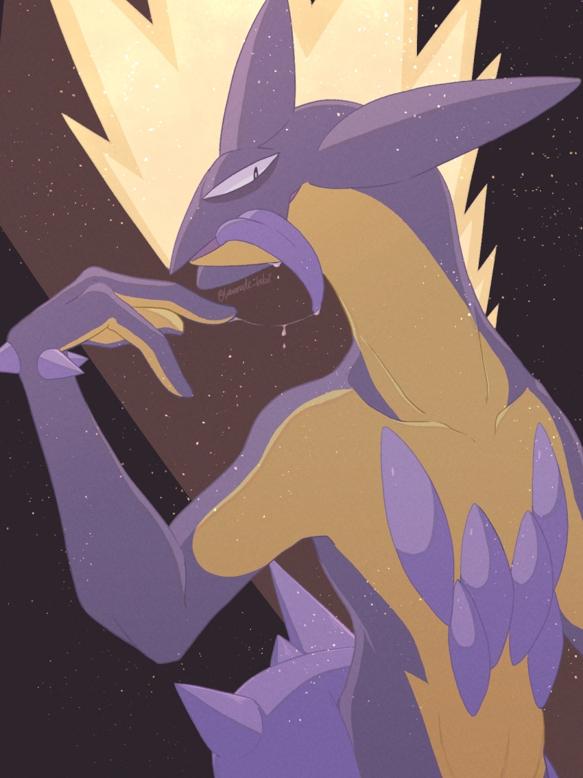 1other artist_name black_eyes brown_background collarbone colored_skin gen_8_pokemon hand_up highres lemonade_kokoi light_particles looking_at_viewer multicolored_skin nintendo open_mouth other_focus pokemon pokemon_(creature) profile purple_skin saliva saliva_trail signature solo standing tongue tongue_out toxtricity toxtricity_(amped) twitter_username two-tone_skin upper_body yellow_skin