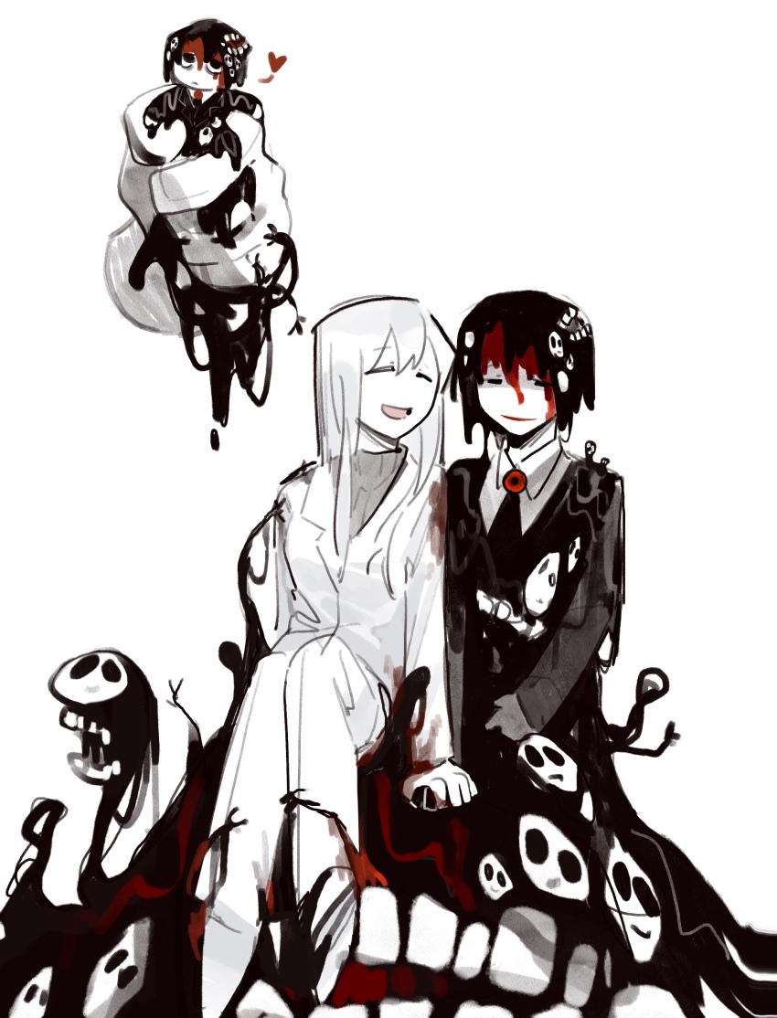 1boy 1girl absurdres angelica_(project_moon) beeeeeebird black_coat black_eyes black_hair black_necktie blood blood_on_clothes brooch closed_eyes coat collared_shirt e.g.o_(project_moon) gem highres husband_and_wife jacket jewelry library_of_ruina long_hair long_sleeves mountain_of_smiling_bodies multiple_views necktie open_mouth pants project_moon red_gemstone roland_(project_moon) shirt smile smile_(e.g.o) stab very_long_hair white_hair white_jacket white_pants white_shirt