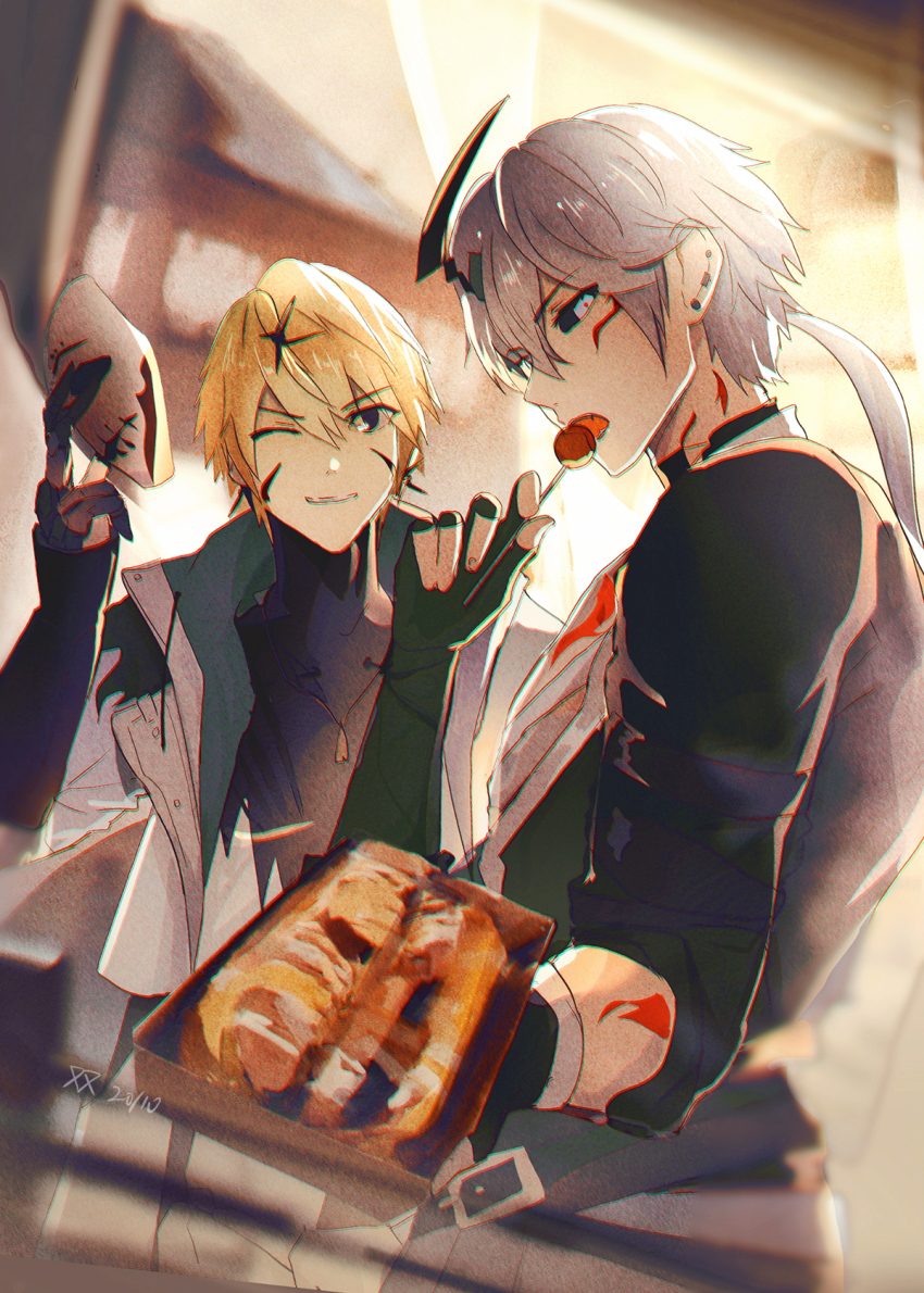 2boys black_sclera camu:_crocotta_(yaksha_undertow)_(pgr) camu_(pgr) colored_sclera eating highres holding holding_mask kamui:_bastion_(pgr) kamui:_tenebrion_(spectral_parade)_(pgr) kamui_(pgr) looking_at_viewer mask multiple_boys niarss offering_food official_alternate_costume one_eye_closed punishing:_gray_raven red_tattoo wink